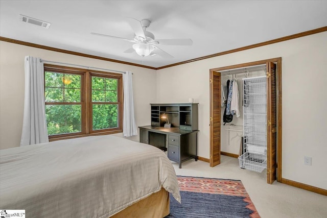 502 Sugar Valley Ct, Greer, SC 29650 - bedroom featuring light colored carpet, crown molding, and a ceiling fan