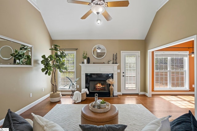 802 Wheat Ct, Greer, SC 29651 - living area with vaulted ceiling, wood finished floors, a high end fireplace, and a ceiling fan