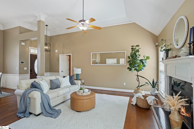 802 Wheat Ct, Greer, SC 29651 - living room with a fireplace, wood finished floors, ceiling fan, and ornamental molding