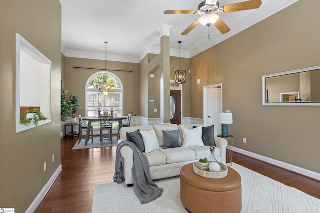 802 Wheat Ct, Greer, SC 29651 - living area featuring a chandelier, wood finished floors, crown molding, and ceiling fan