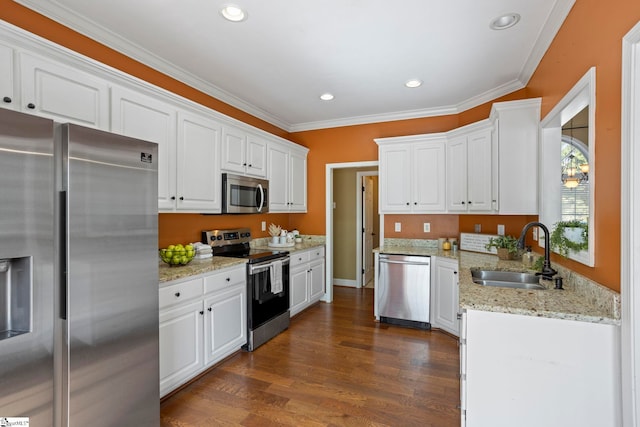 802 Wheat Ct, Greer, SC 29651 - kitchen featuring stainless steel appliances, white cabinetry, dark wood-type flooring, recessed lighting, and light stone counters