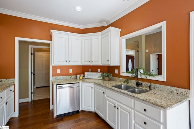 802 Wheat Ct, Greer, SC 29651 - kitchen featuring stainless steel dishwasher, white cabinets, dark wood-type flooring, light stone counters, and crown molding