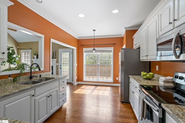 802 Wheat Ct, Greer, SC 29651 - kitchen with stainless steel appliances, white cabinets, ornamental molding, dark wood finished floors, and recessed lighting