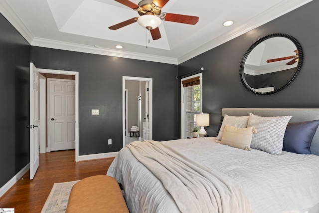802 Wheat Ct, Greer, SC 29651 - bedroom featuring wood finished floors, a tray ceiling, crown molding, recessed lighting, and a ceiling fan