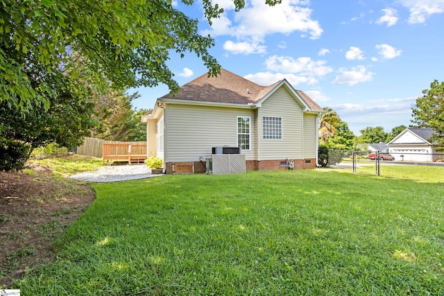 802 Wheat Ct, Greer, SC 29651 - rear view of house with crawl space, a fenced backyard, a deck, and roof with shingles