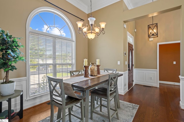 802 Wheat Ct, Greer, SC 29651 - dining room featuring a chandelier, crown molding, a wainscoted wall, dark wood-type flooring, and a decorative wall