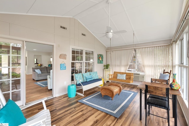 310 Downs Blvd, Clemson, SC 29631 - sunroom featuring a ceiling fan, an outdoor living space, wood finished floors, and high vaulted ceiling