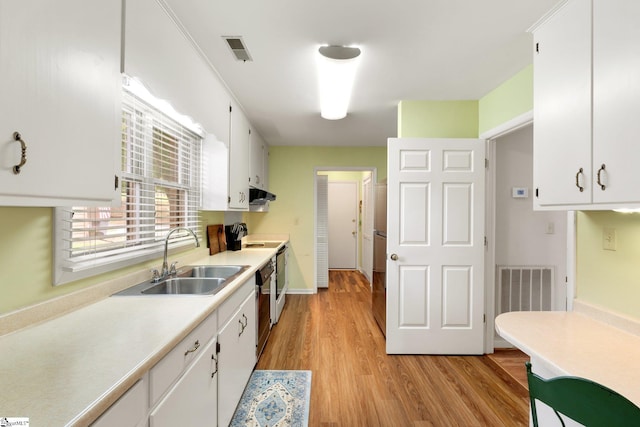 310 Downs Blvd, Clemson, SC 29631 - kitchen with white cabinetry, light countertops, white range with electric cooktop, under cabinet range hood, and light wood-style floors