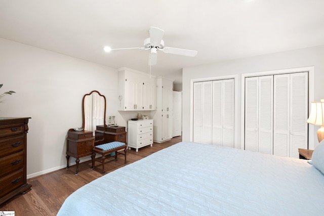 310 Downs Blvd, Clemson, SC 29631 - bedroom featuring dark wood-style floors, two closets, and a ceiling fan