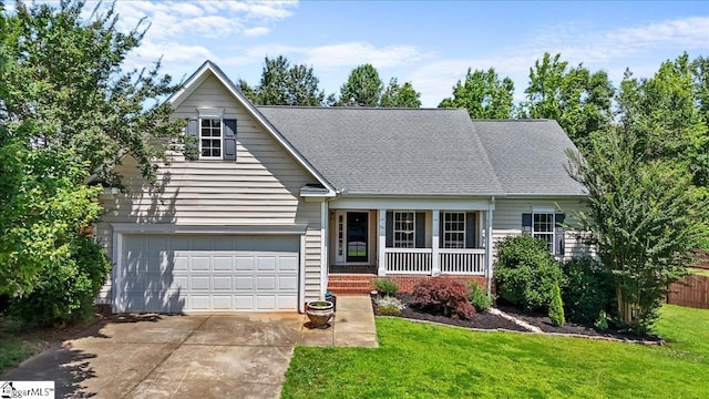 521 Omniwood Ct, Greer, SC 29651 - view of front of property with concrete driveway, a front yard, a porch, and a shingled roof