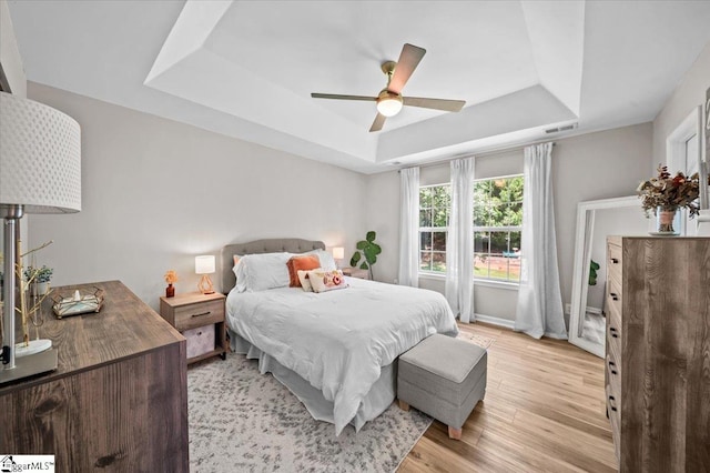 521 Omniwood Ct, Greer, SC 29651 - bedroom with a raised ceiling, light wood-style floors, and a ceiling fan