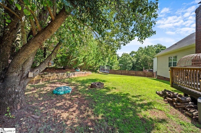 521 Omniwood Ct, Greer, SC 29651 - fenced yard with a trampoline, a fire pit, and a wooden deck