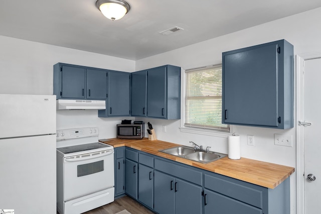 307 Echols St, Greenville, SC 29601 - kitchen with white appliances, under cabinet range hood, blue cabinetry, and dark wood finished floors