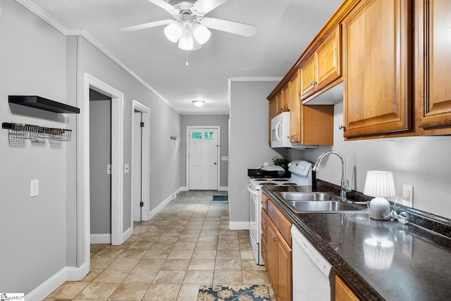 1706 Park Dr, Anderson, SC 29625 - kitchen featuring white appliances, ornamental molding, brown cabinetry, and a ceiling fan