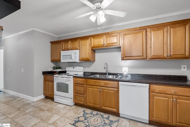 1706 Park Dr, Anderson, SC 29625 - kitchen with white appliances, ornamental molding, brown cabinetry, a ceiling fan, and dark stone countertops