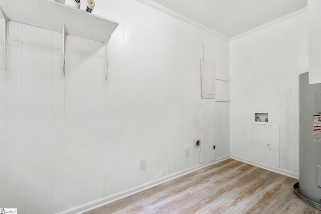 1706 Park Dr, Anderson, SC 29625 - laundry room with washer hookup, electric water heater, crown molding, light wood-style flooring, and electric panel