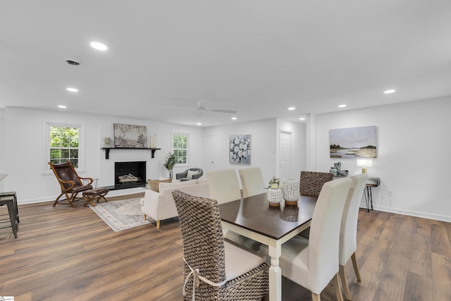 505 E Hackney Rd, Greer, SC 29650 - dining area with dark wood-style floors, recessed lighting, a fireplace, and ceiling fan