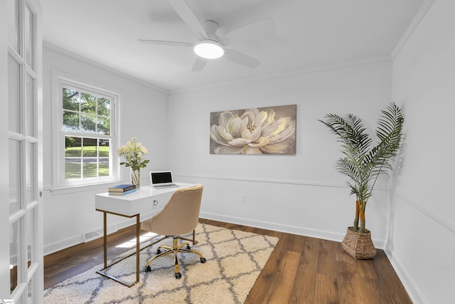 505 E Hackney Rd, Greer, SC 29650 - office area with crown molding, wood finished floors, and a ceiling fan