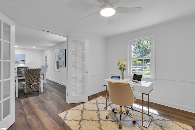 505 E Hackney Rd, Greer, SC 29650 - office with french doors, dark wood-style floors, crown molding, and ceiling fan