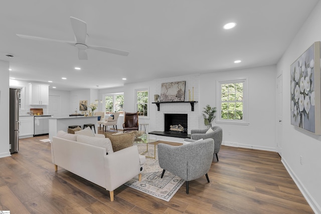505 E Hackney Rd, Greer, SC 29650 - living area with a fireplace, plenty of natural light, recessed lighting, dark wood-style floors, and ceiling fan