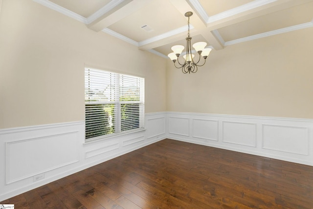 27 Dandie Dr, Simpsonville, SC 29680 - unfurnished room with a chandelier, beam ceiling, coffered ceiling, dark wood finished floors, and a wainscoted wall