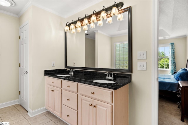 205 Pebble Brook Ln, Belton, SC 29627 - ensuite bathroom featuring double vanity, ornamental molding, and tile patterned flooring