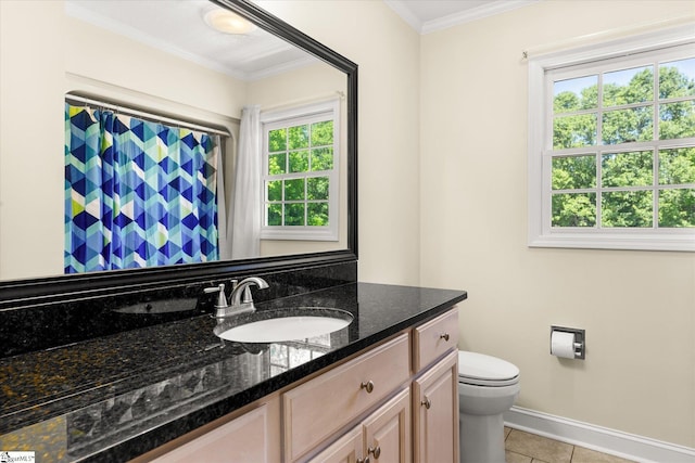 205 Pebble Brook Ln, Belton, SC 29627 - full bathroom with vanity, ornamental molding, healthy amount of natural light, tile patterned flooring, and curtained shower