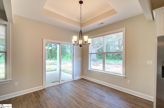 918 Belton Hwy, Williamston, SC 29691 - unfurnished dining area featuring dark wood-style floors, plenty of natural light, a chandelier, and crown molding