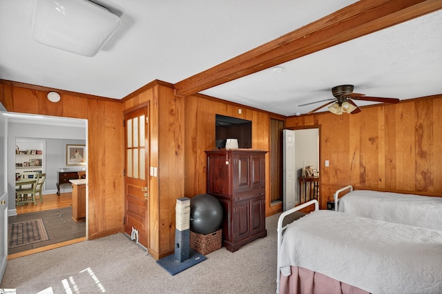 260 Riggs Dr, Clemson, SC 29631 - bedroom featuring wood walls, light colored carpet, and ceiling fan
