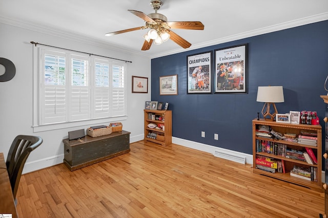 260 Riggs Dr, Clemson, SC 29631 - office area featuring wood finished floors, ornamental molding, and a ceiling fan