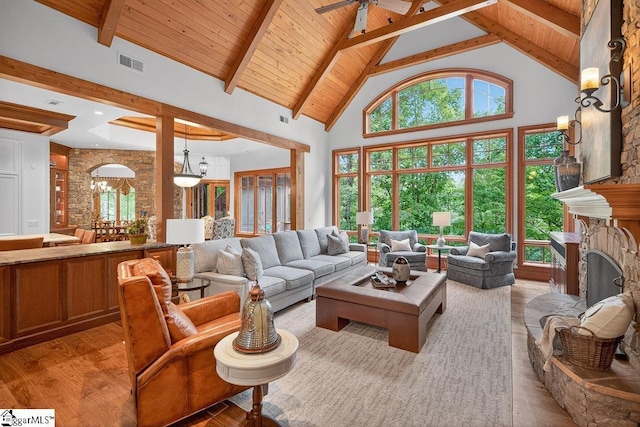 915 Rippling Water Way, Salem, SC 29676 - living area featuring light wood-style flooring, high vaulted ceiling, a wooden ceiling with exposed beams, a stone fireplace, and a chandelier