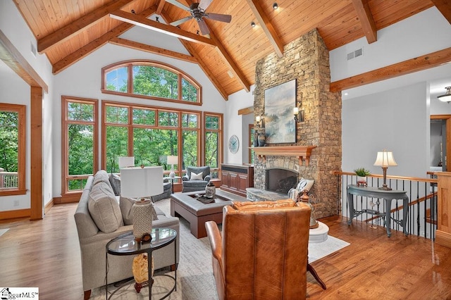 915 Rippling Water Way, Salem, SC 29676 - living area featuring a wood ceiling with exposed beams, wood finished floors, high vaulted ceiling, a fireplace, and ceiling fan