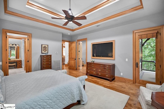 915 Rippling Water Way, Salem, SC 29676 - bedroom with a raised ceiling, access to exterior, wood finished floors, and a ceiling fan