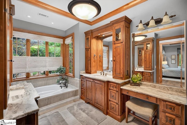 915 Rippling Water Way, Salem, SC 29676 - ensuite bathroom featuring vanity, a garden tub, crown molding, and recessed lighting