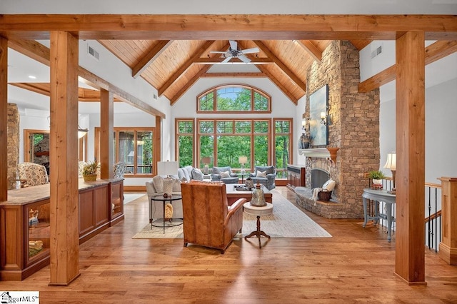 915 Rippling Water Way, Salem, SC 29676 - living area featuring a wood ceiling with exposed beams, high vaulted ceiling, light wood-style flooring, a fireplace, and ceiling fan
