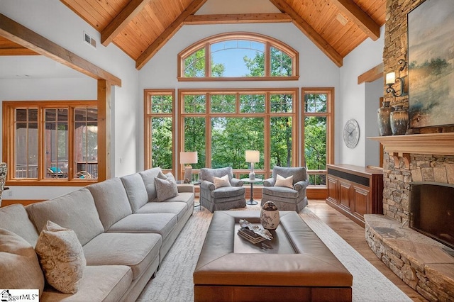 915 Rippling Water Way, Salem, SC 29676 - living area featuring light wood-style floors, a wooden ceiling with exposed beams, high vaulted ceiling, and a fireplace