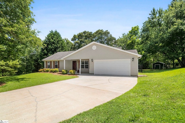 210 Admiral Ln, Greer, SC 29650 - ranch-style house with a garage, concrete driveway, a front lawn, and view of scattered trees