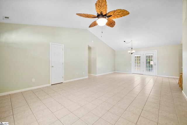 210 Admiral Ln, Greer, SC 29650 - unfurnished room with a ceiling fan, vaulted ceiling, a chandelier, and light tile patterned flooring