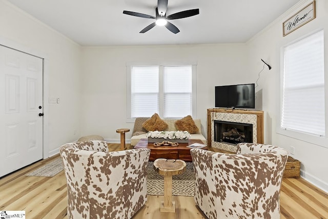 119 Trussell St, Honea Path, SC 29654 - living area with light wood-style flooring, ceiling fan, ornamental molding, and a fireplace