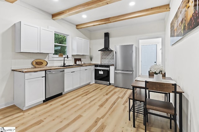119 Trussell St, Honea Path, SC 29654 - kitchen with stainless steel appliances, wall chimney range hood, light wood-type flooring, beam ceiling, and decorative backsplash