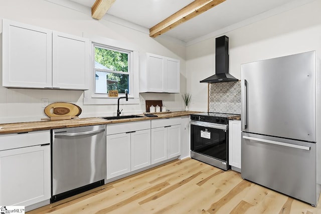 119 Trussell St, Honea Path, SC 29654 - kitchen with appliances with stainless steel finishes, wall chimney range hood, butcher block countertops, beam ceiling, and light wood-style floors