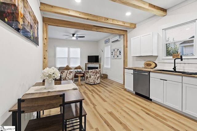 119 Trussell St, Honea Path, SC 29654 - dining space with an AC wall unit, beam ceiling, light wood-style flooring, a ceiling fan, and recessed lighting