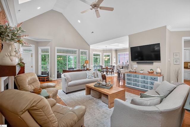 109 Tall Ship Dr, Anderson, SC 29625 - living area with high vaulted ceiling, a ceiling fan, wood finished floors, and recessed lighting