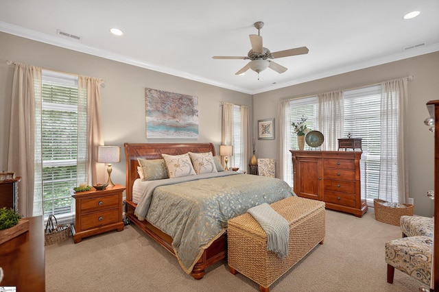 109 Tall Ship Dr, Anderson, SC 29625 - bedroom featuring light colored carpet, multiple windows, crown molding, ceiling fan, and recessed lighting