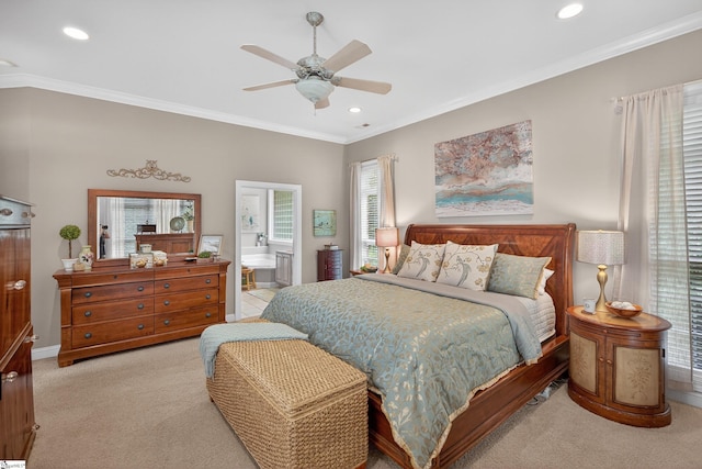 109 Tall Ship Dr, Anderson, SC 29625 - bedroom with light carpet, crown molding, recessed lighting, ensuite bathroom, and ceiling fan