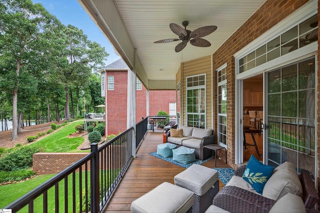 109 Tall Ship Dr, Anderson, SC 29625 - wooden deck with a ceiling fan, an outdoor living space, and a yard