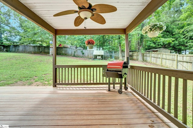 226 Mariposa Cir, Anderson, SC 29621 - wooden terrace featuring a fenced backyard, ceiling fan, and a grill