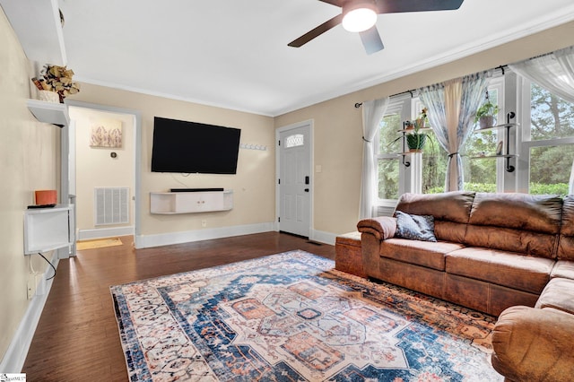 226 Mariposa Cir, Anderson, SC 29621 - living room with a ceiling fan, ornamental molding, and dark wood-style floors