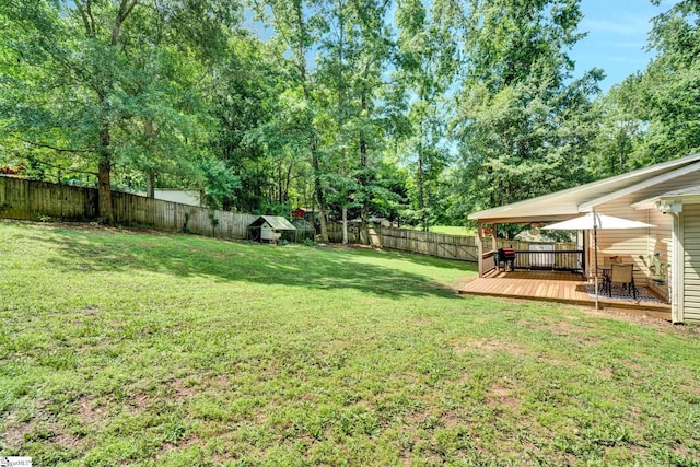 226 Mariposa Cir, Anderson, SC 29621 - fenced backyard featuring a wooden deck and view of wooded area