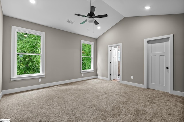156 Grand Oak Cir, Pendleton, SC 29670 - unfurnished bedroom with carpet, vaulted ceiling, recessed lighting, connected bathroom, and ceiling fan